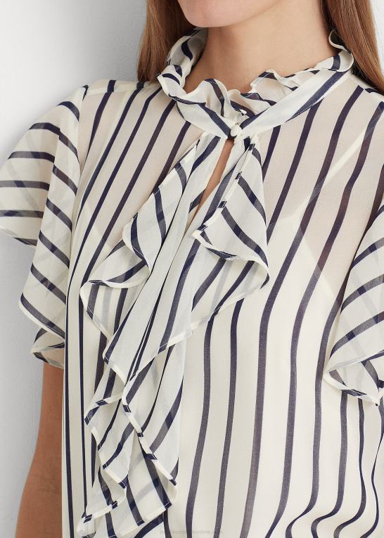 pergament creme/marine Kvinder Ralph Lauren stribet chiffonbluse med flæsekant Z426B3993