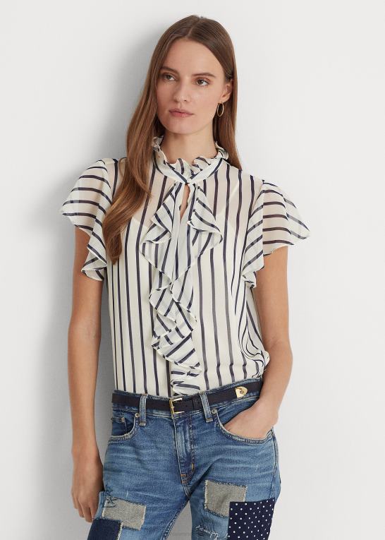 pergament creme/marine Kvinder Ralph Lauren stribet chiffonbluse med flæsekant Z426B4390