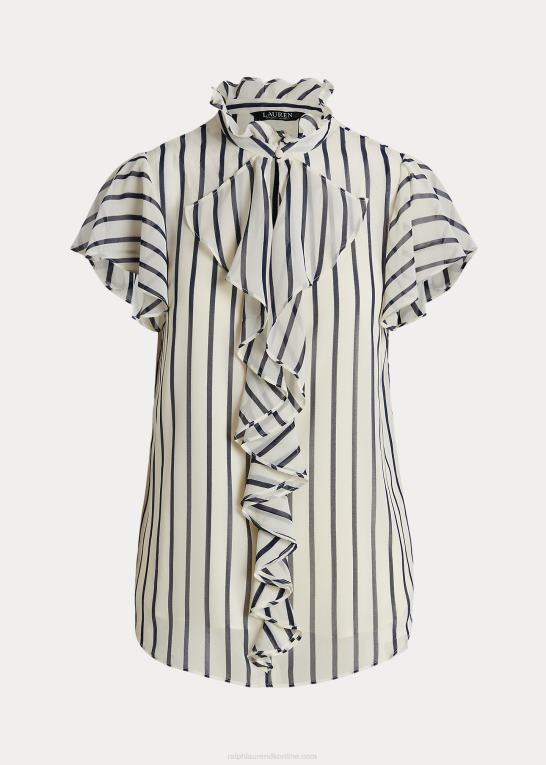 pergament creme/marine Kvinder Ralph Lauren stribet chiffonbluse med flæsekant Z426B4390