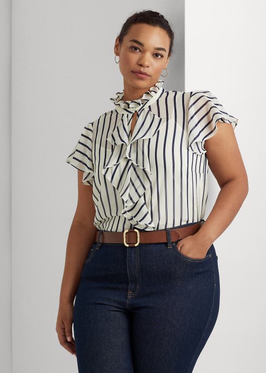 pergament creme/marine Kvinder Ralph Lauren stribet chiffonbluse med flæsekant Z426B4655