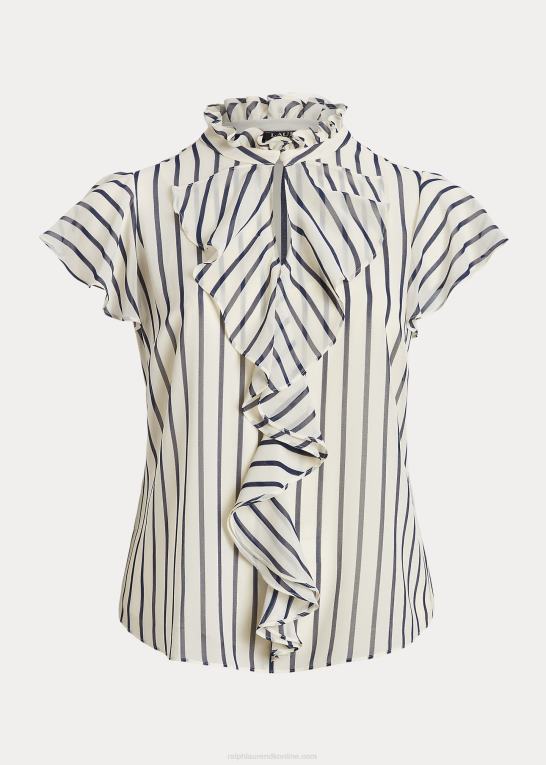 pergament creme/marine Kvinder Ralph Lauren stribet chiffonbluse med flæsekant Z426B4655