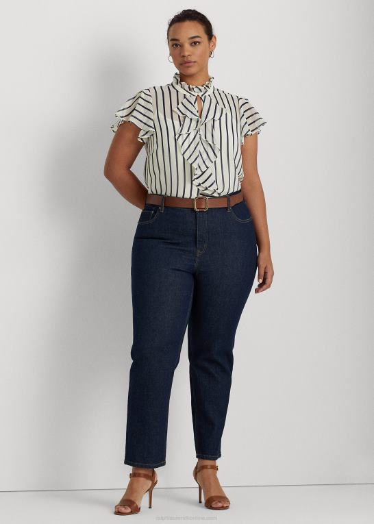 pergament creme/marine Kvinder Ralph Lauren stribet chiffonbluse med flæsekant Z426B4655