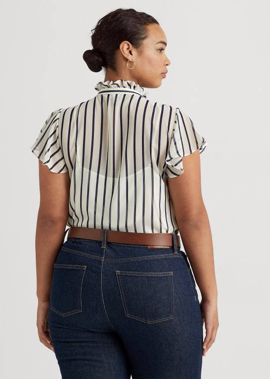 pergament creme/marine Kvinder Ralph Lauren stribet chiffonbluse med flæsekant Z426B4655