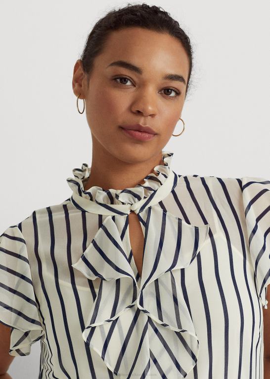 pergament creme/marine Kvinder Ralph Lauren stribet chiffonbluse med flæsekant Z426B4655