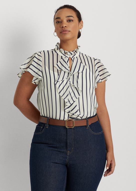 pergament creme/marine Kvinder Ralph Lauren stribet chiffonbluse med flæsekant Z426B4655