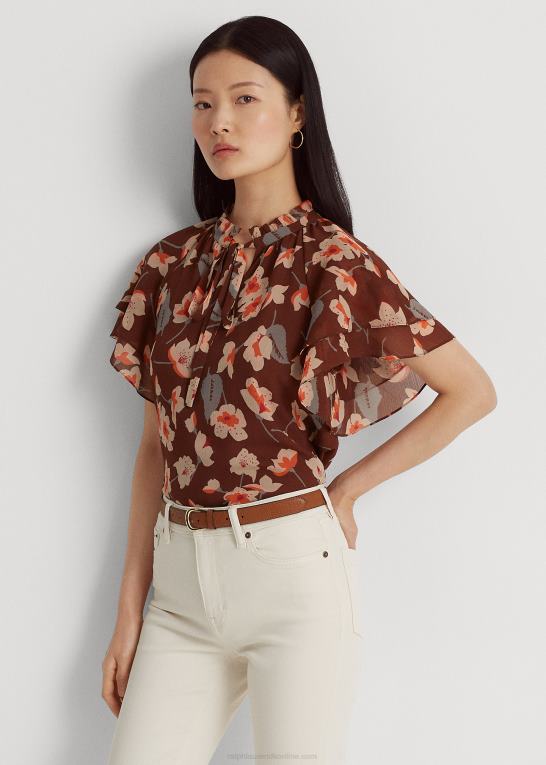 rødbrun/orange/creme Kvinder Ralph Lauren blomstret crinkle georgette bluse med bindeudskæring Z426B3804