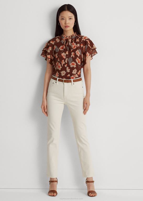 rødbrun/orange/creme Kvinder Ralph Lauren blomstret crinkle georgette bluse med bindeudskæring Z426B3804
