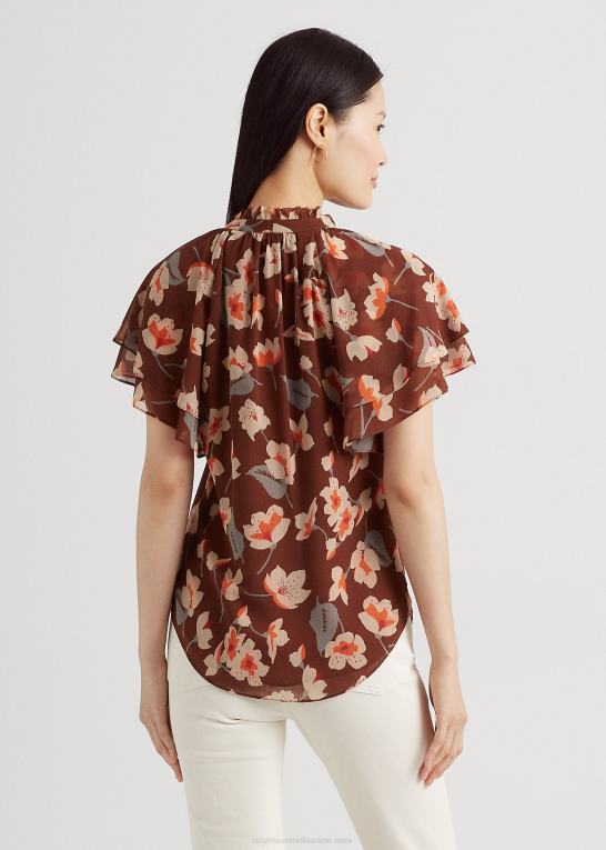 rødbrun/orange/creme Kvinder Ralph Lauren blomstret crinkle georgette bluse med bindeudskæring Z426B3804