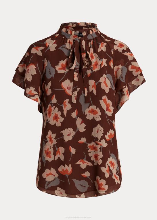 rødbrun/orange/creme Kvinder Ralph Lauren blomstret crinkle georgette bluse med bindeudskæring Z426B4288