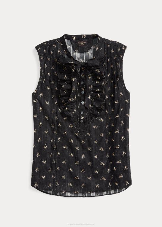 sort/creme Kvinder Ralph Lauren blomstret bomuldsjacquard ærmeløs bluse Z426B3629