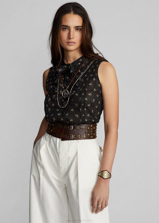 sort/creme Kvinder Ralph Lauren blomstret bomuldsjacquard ærmeløs bluse Z426B3629