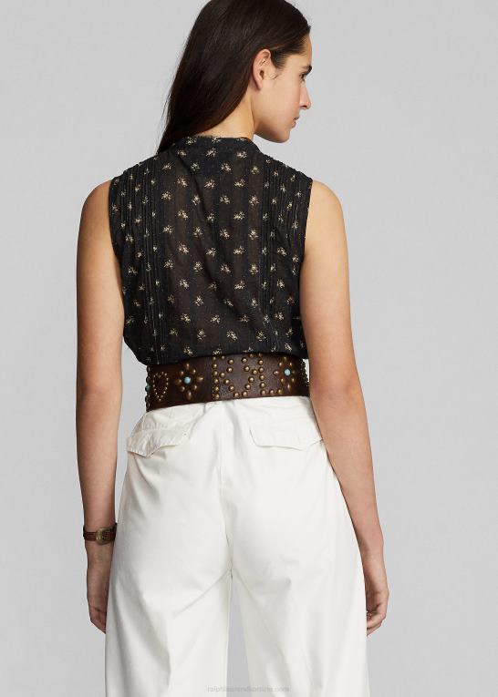 sort/creme Kvinder Ralph Lauren blomstret bomuldsjacquard ærmeløs bluse Z426B3629