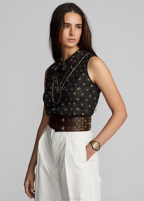 sort/creme Kvinder Ralph Lauren blomstret bomuldsjacquard ærmeløs bluse Z426B3629
