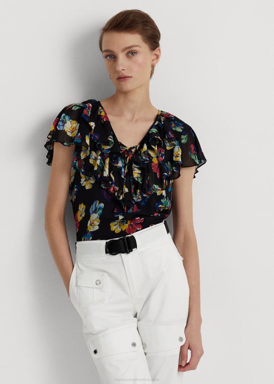 sort multi Kvinder Ralph Lauren blomstret georgette bluse med flæsekant Z426B3933
