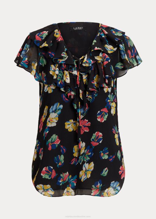 sort multi Kvinder Ralph Lauren blomstret georgette bluse med flæsekant Z426B3933