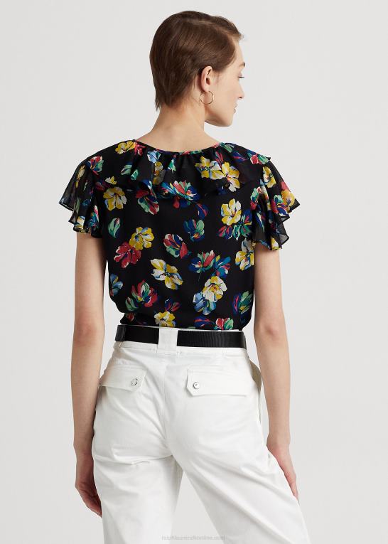 sort multi Kvinder Ralph Lauren blomstret georgette bluse med flæsekant Z426B4335