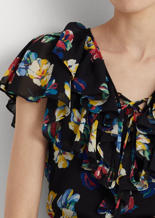sort multi Kvinder Ralph Lauren blomstret georgette bluse med flæsekant Z426B4335