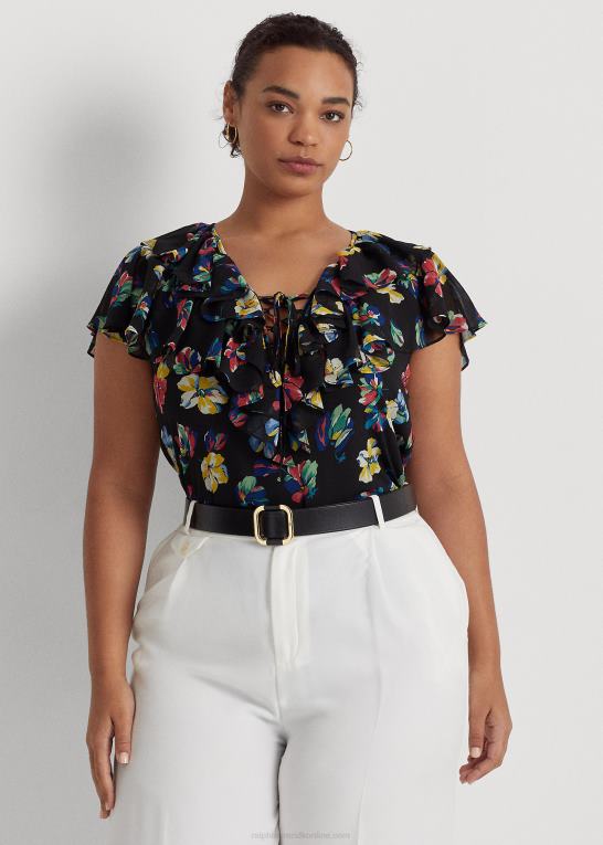 sort multi Kvinder Ralph Lauren blomstret georgette bluse med flæsekant Z426B4557