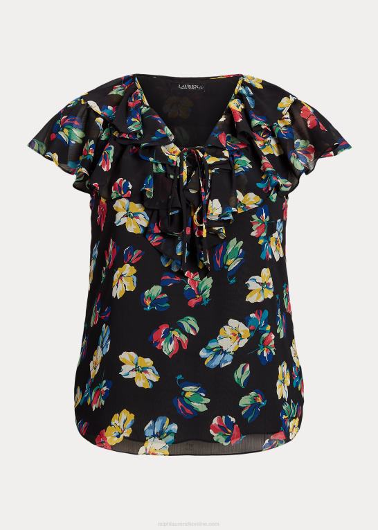 sort multi Kvinder Ralph Lauren blomstret georgette bluse med flæsekant Z426B4557