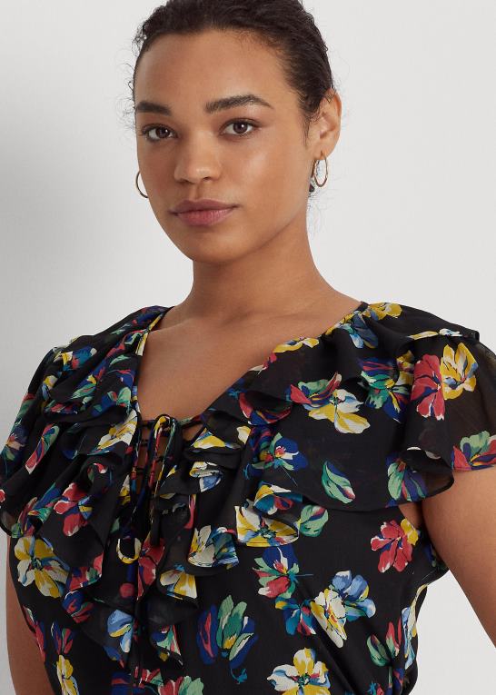 sort multi Kvinder Ralph Lauren blomstret georgette bluse med flæsekant Z426B4557