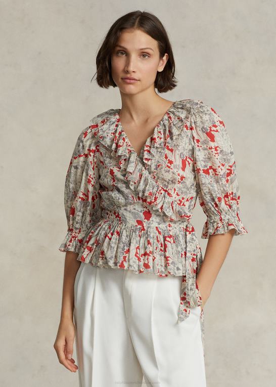 basilikum blomster Kvinder Ralph Lauren wrap-top i bomuld med flæser og blomster Z426B3182