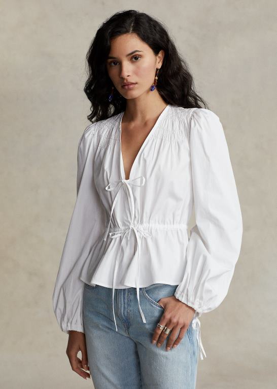 hvid Kvinder Ralph Lauren smocket snøre-peplum bomuldstop Z426B3033