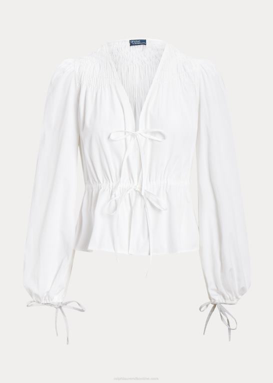 hvid Kvinder Ralph Lauren smocket snøre-peplum bomuldstop Z426B3033