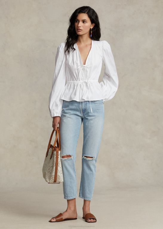 hvid Kvinder Ralph Lauren smocket snøre-peplum bomuldstop Z426B3033