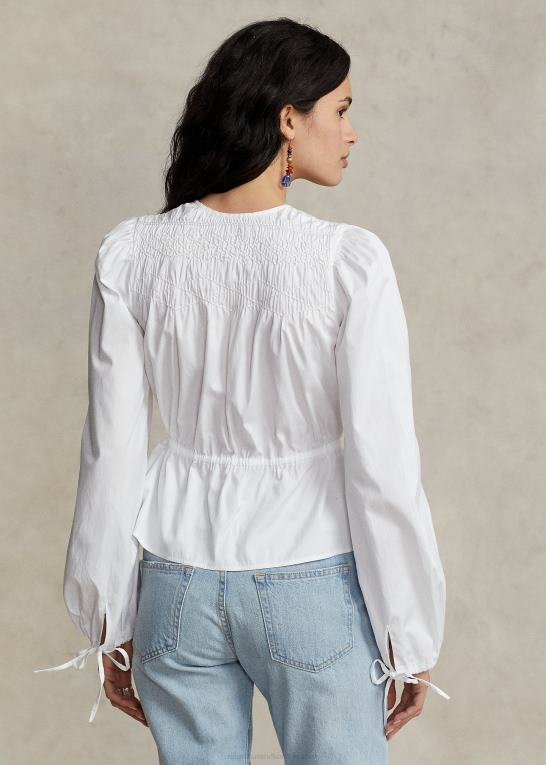 hvid Kvinder Ralph Lauren smocket snøre-peplum bomuldstop Z426B3033