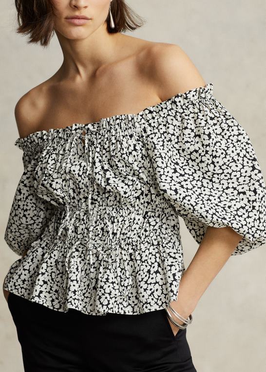 over det hele blomstret Kvinder Ralph Lauren blomstret bomuldsblusonærmet top Z426B2943