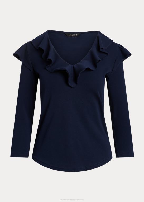 raffineret flåde Kvinder Ralph Lauren top med v-hals i bomuld med flæsekant Z426B4038