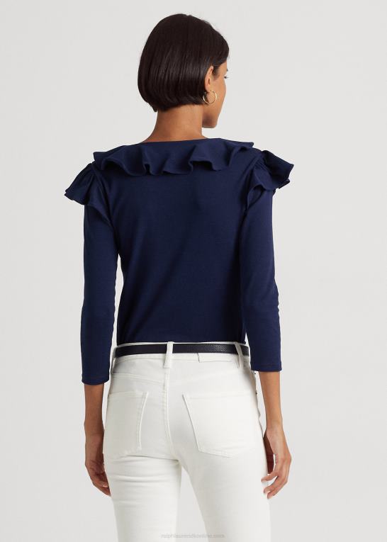 raffineret flåde Kvinder Ralph Lauren top med v-hals i bomuld med flæsekant Z426B4038