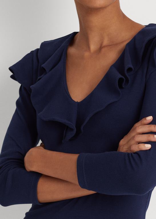 raffineret flåde Kvinder Ralph Lauren top med v-hals i bomuld med flæsekant Z426B4038
