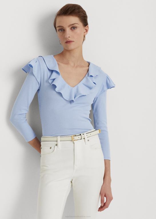 småsten blå Kvinder Ralph Lauren top med v-hals i bomuld med flæsekant Z426B4037