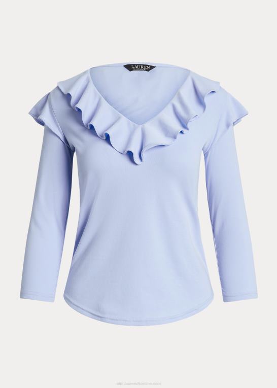 småsten blå Kvinder Ralph Lauren top med v-hals i bomuld med flæsekant Z426B4037