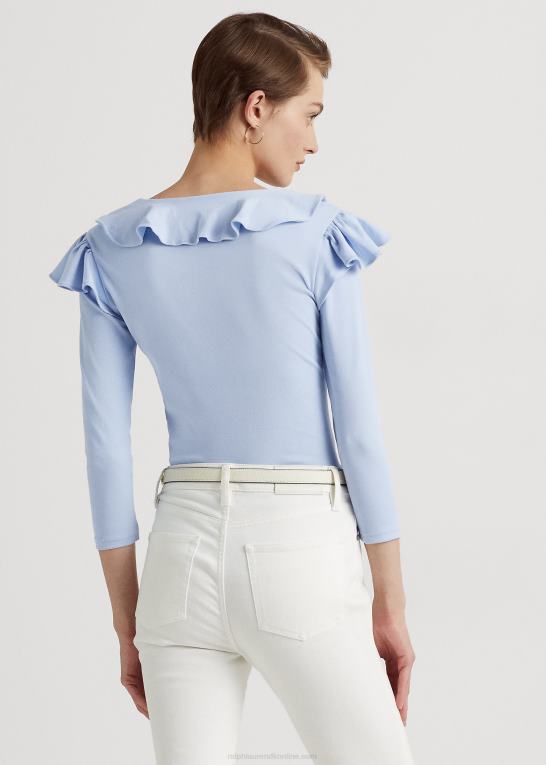 småsten blå Kvinder Ralph Lauren top med v-hals i bomuld med flæsekant Z426B4037