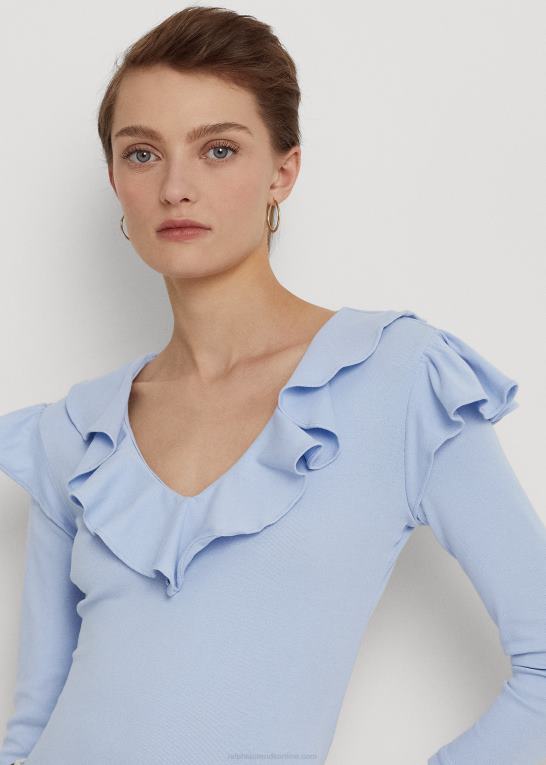 småsten blå Kvinder Ralph Lauren top med v-hals i bomuld med flæsekant Z426B4037