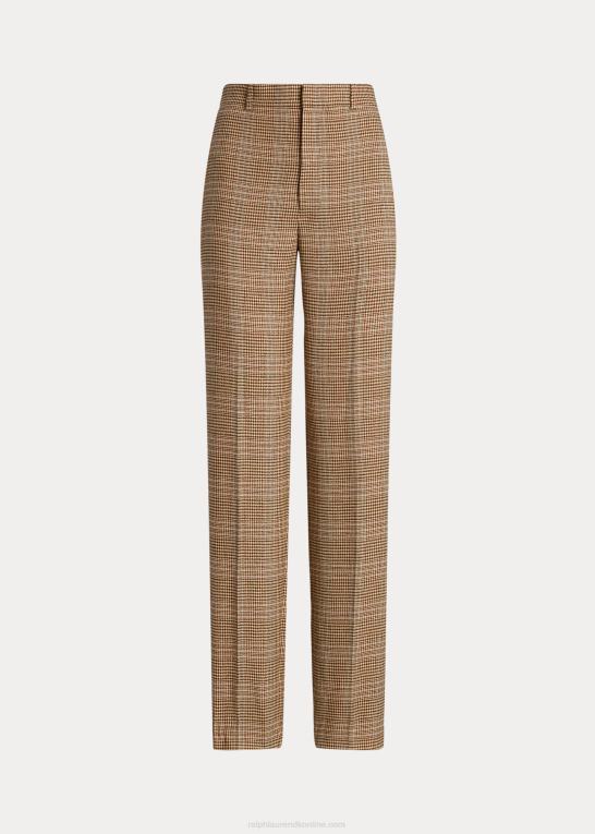 brun pink plaid Kvinder Ralph Lauren plaid uld-hør tweed bukser med lige ben Z426B3220