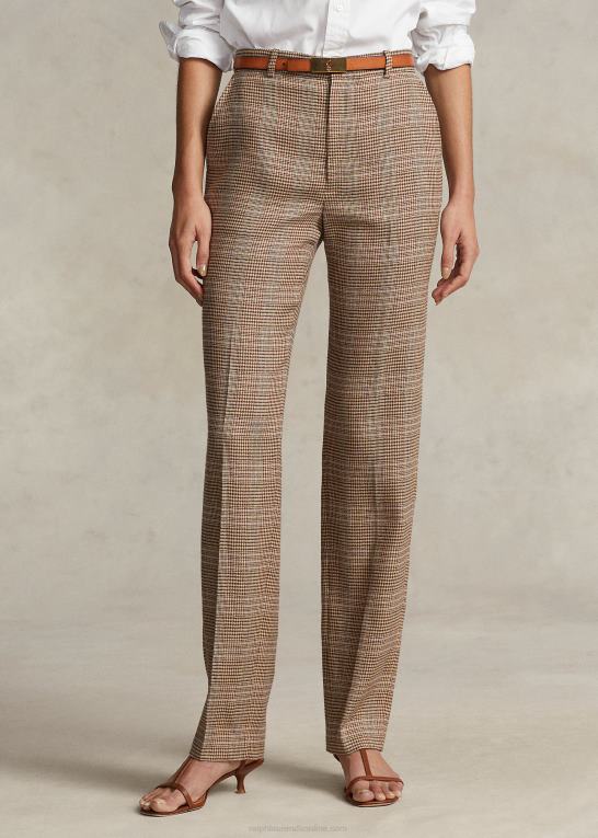 brun pink plaid Kvinder Ralph Lauren plaid uld-hør tweed bukser med lige ben Z426B3220