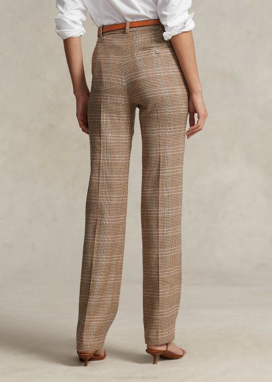 brun pink plaid Kvinder Ralph Lauren plaid uld-hør tweed bukser med lige ben Z426B3220