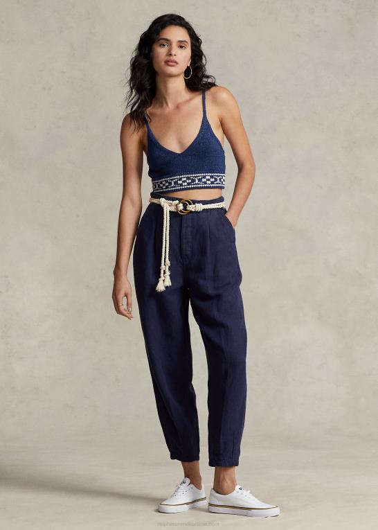 flåde Kvinder Ralph Lauren plisseret linned-blanding twill bukser Z426B3027