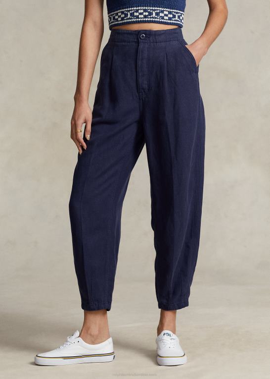 flåde Kvinder Ralph Lauren plisseret linned-blanding twill bukser Z426B3027