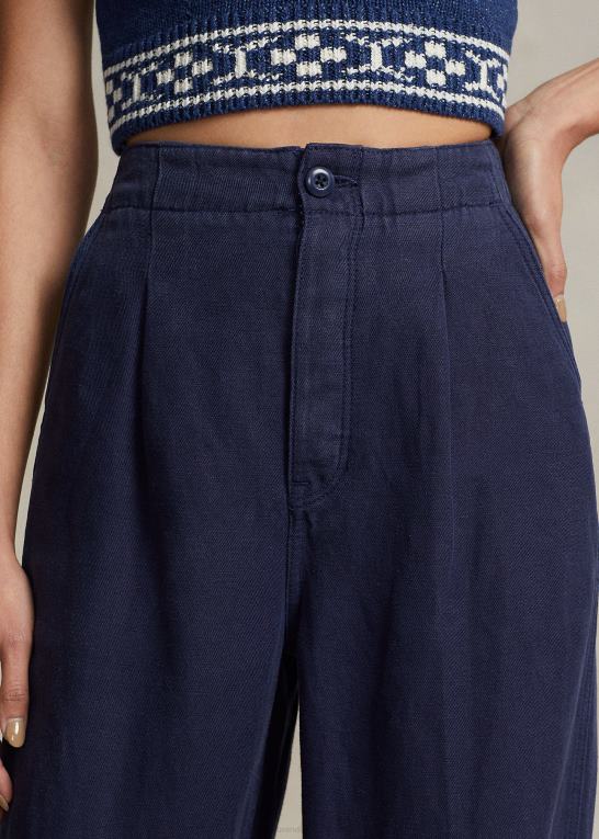 flåde Kvinder Ralph Lauren plisseret linned-blanding twill bukser Z426B3027
