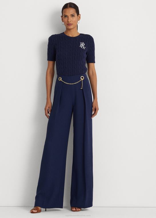 raffineret flåde Kvinder Ralph Lauren plisseret georgette bukser med brede ben med bælte Z426B4087