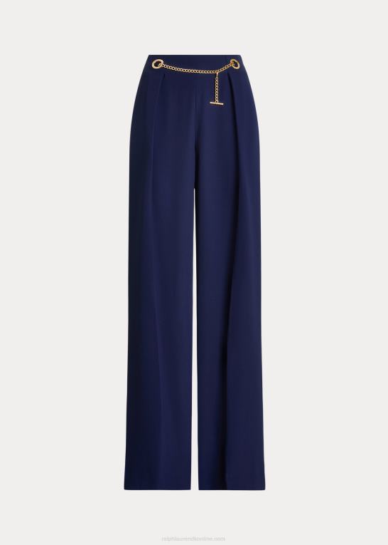 raffineret flåde Kvinder Ralph Lauren plisseret georgette bukser med brede ben med bælte Z426B4432