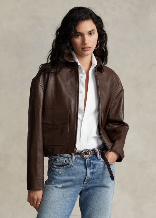Brun Kvinder Ralph Lauren cropped bomberjakke i læder Z426B3221