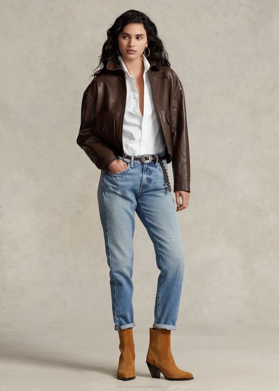 Brun Kvinder Ralph Lauren cropped bomberjakke i læder Z426B3221