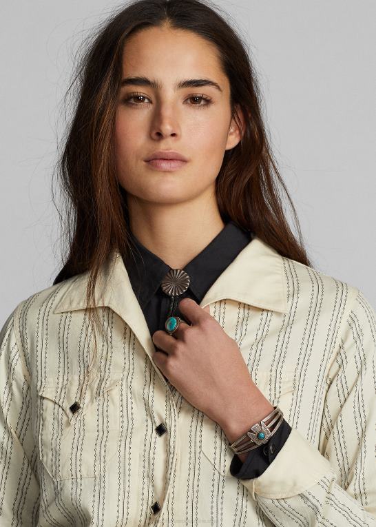 creme/sort Kvinder Ralph Lauren stribet satin westernjakke Z426B3634
