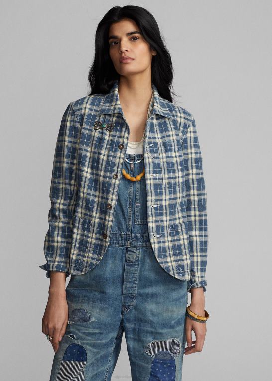 indigo/creme Kvinder Ralph Lauren plaid bomuld-hør jakke Z426B3638