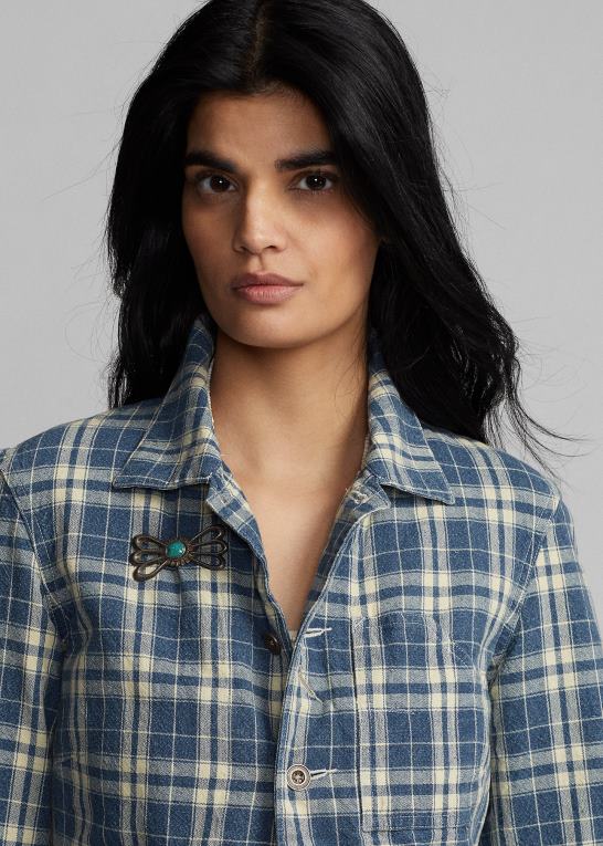 indigo/creme Kvinder Ralph Lauren plaid bomuld-hør jakke Z426B3638